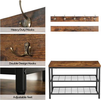 Industrial Design Entryway Shoe Rack with Coat Hooks Organizer (Brown) - Cosy Abode