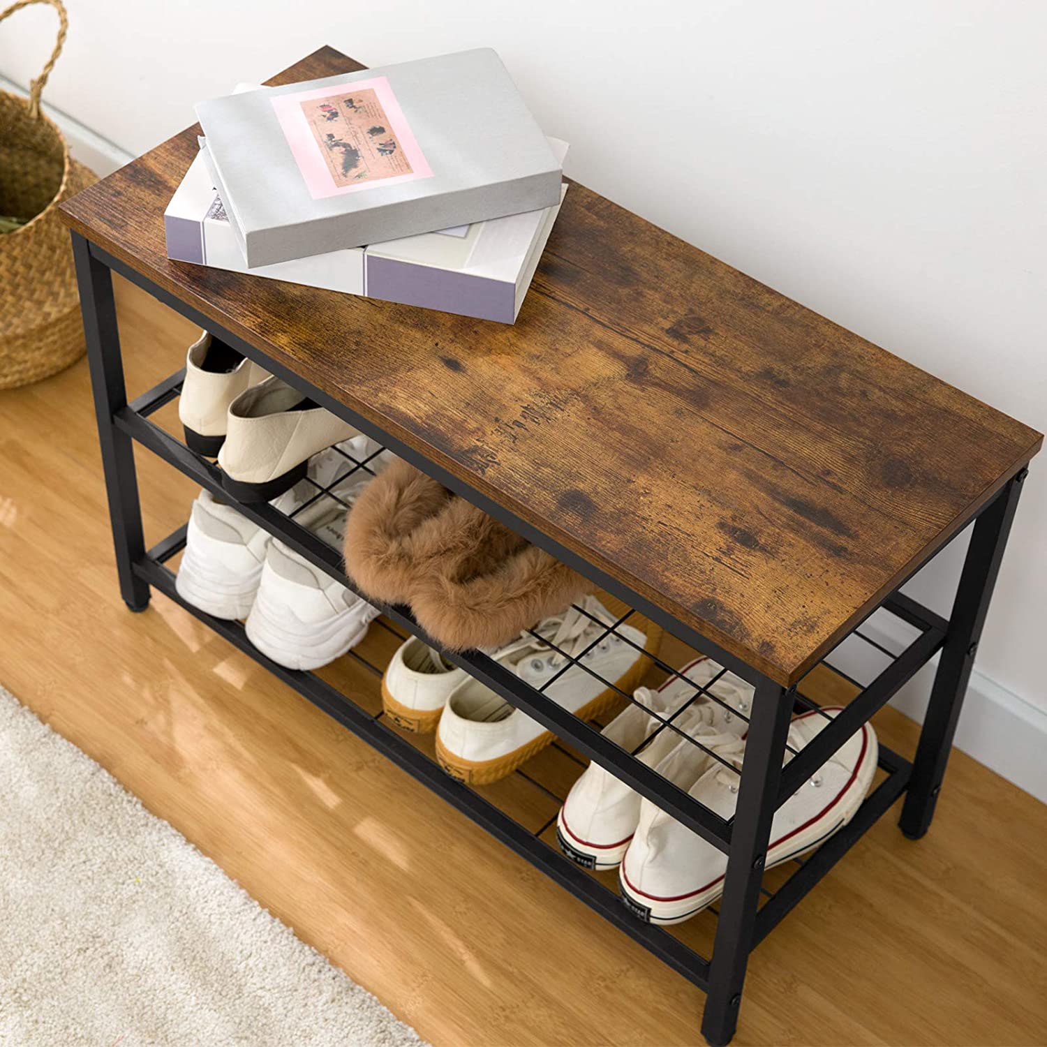 Industrial Design Entryway Shoe Rack with Coat Hooks Organizer (Brown) - Cosy Abode