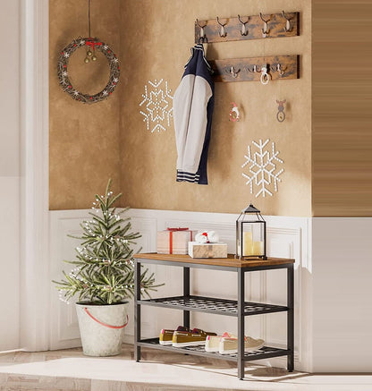 Industrial Design Entryway Shoe Rack with Coat Hooks Organizer (Brown) - Cosy Abode