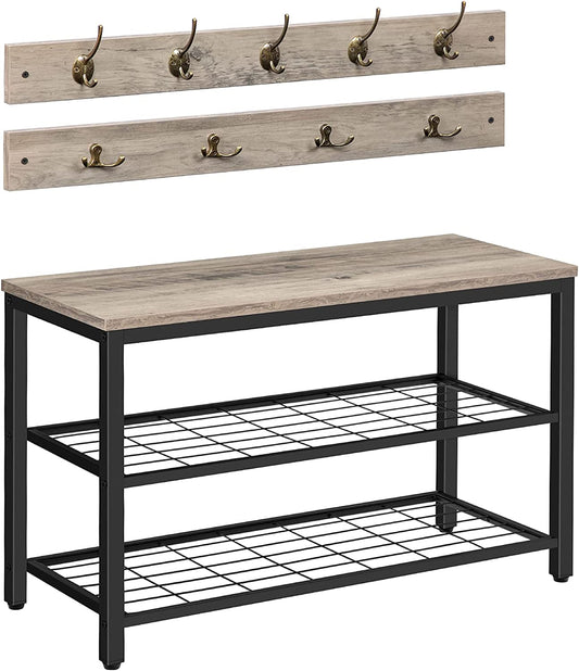Industrial Design Entryway Shoe Rack with Coat Hooks Organizer (Grey) - Cosy Abode