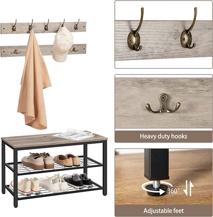Industrial Design Entryway Shoe Rack with Coat Hooks Organizer (Grey) - Cosy Abode