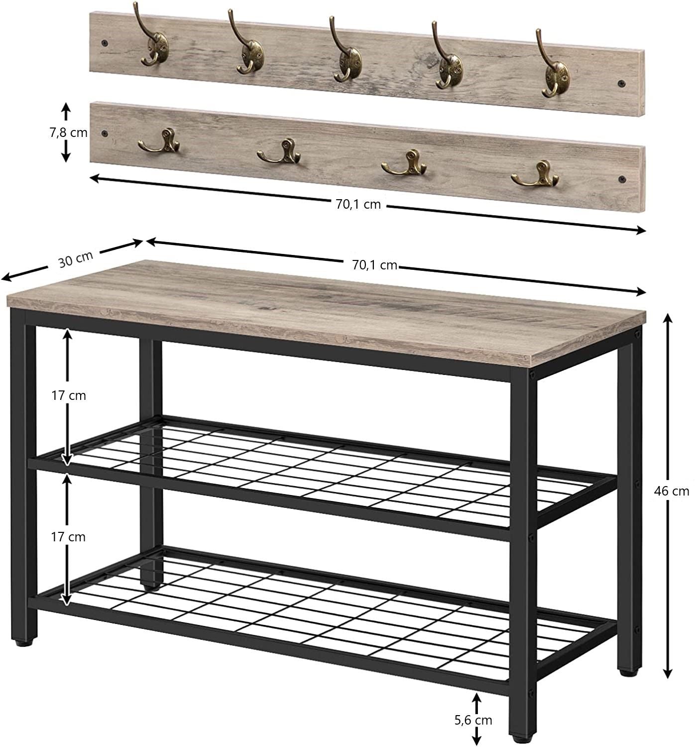 Industrial Design Entryway Shoe Rack with Coat Hooks Organizer (Grey) - Cosy Abode