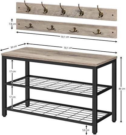 Industrial Design Entryway Shoe Rack with Coat Hooks Organizer (Grey) - Cosy Abode