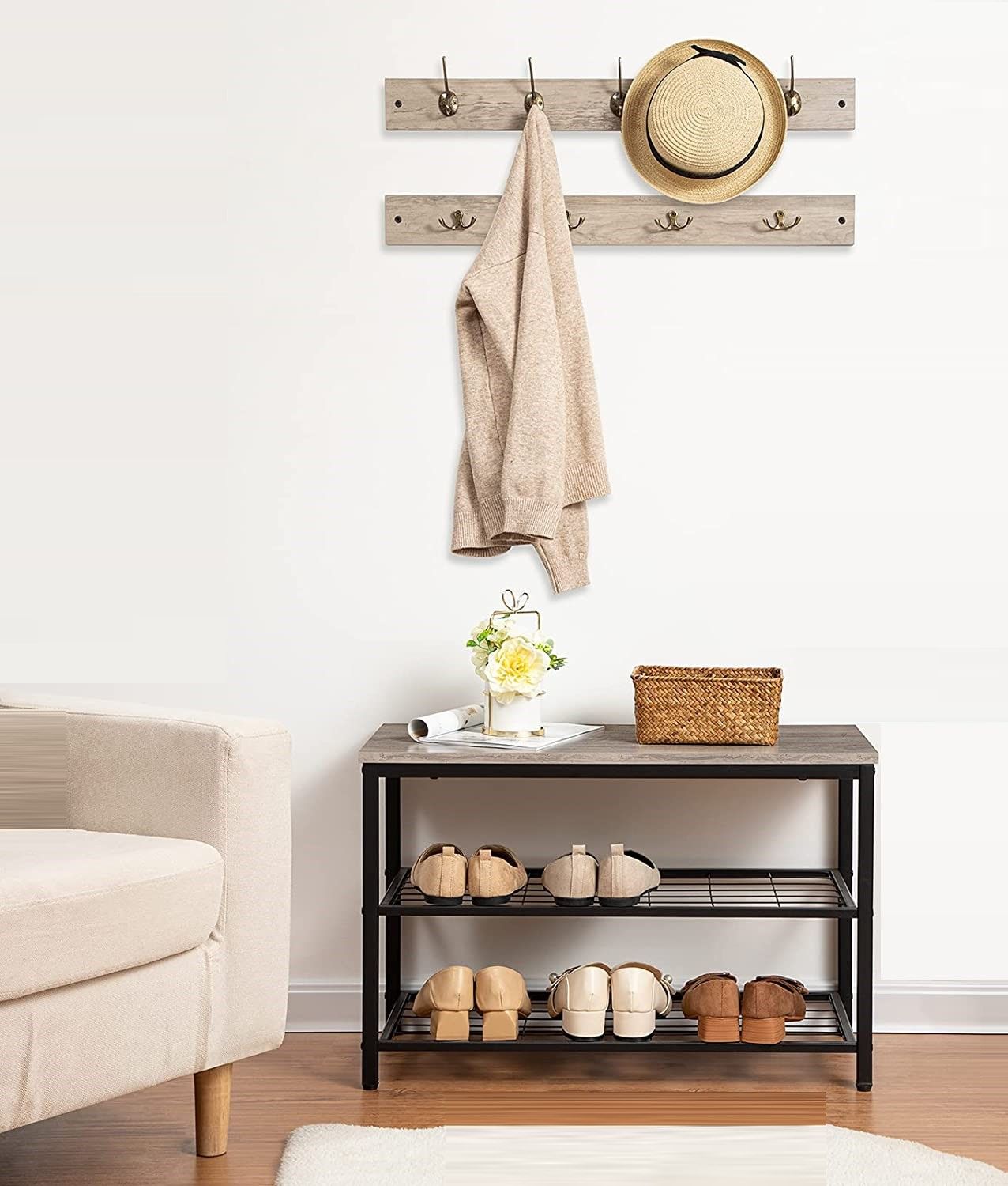 Industrial Design Entryway Shoe Rack with Coat Hooks Organizer (Grey) - Cosy Abode