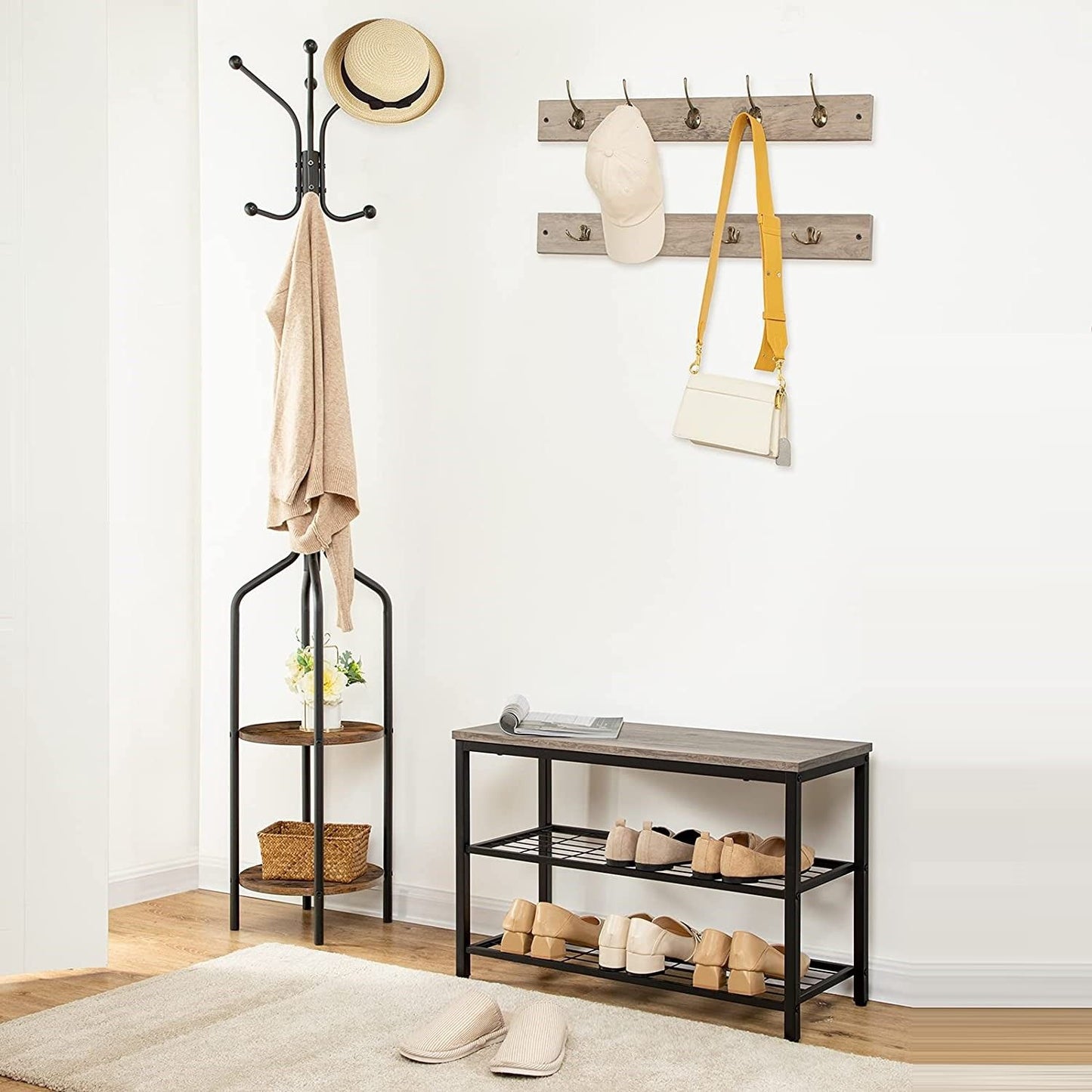 Industrial Design Entryway Shoe Rack with Coat Hooks Organizer (Grey) - Cosy Abode