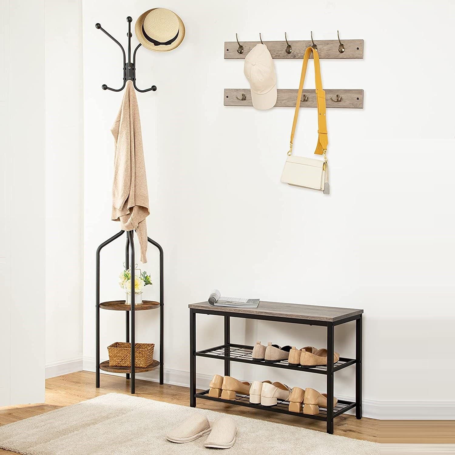 Industrial Design Entryway Shoe Rack with Coat Hooks Organizer (Grey) - Cosy Abode