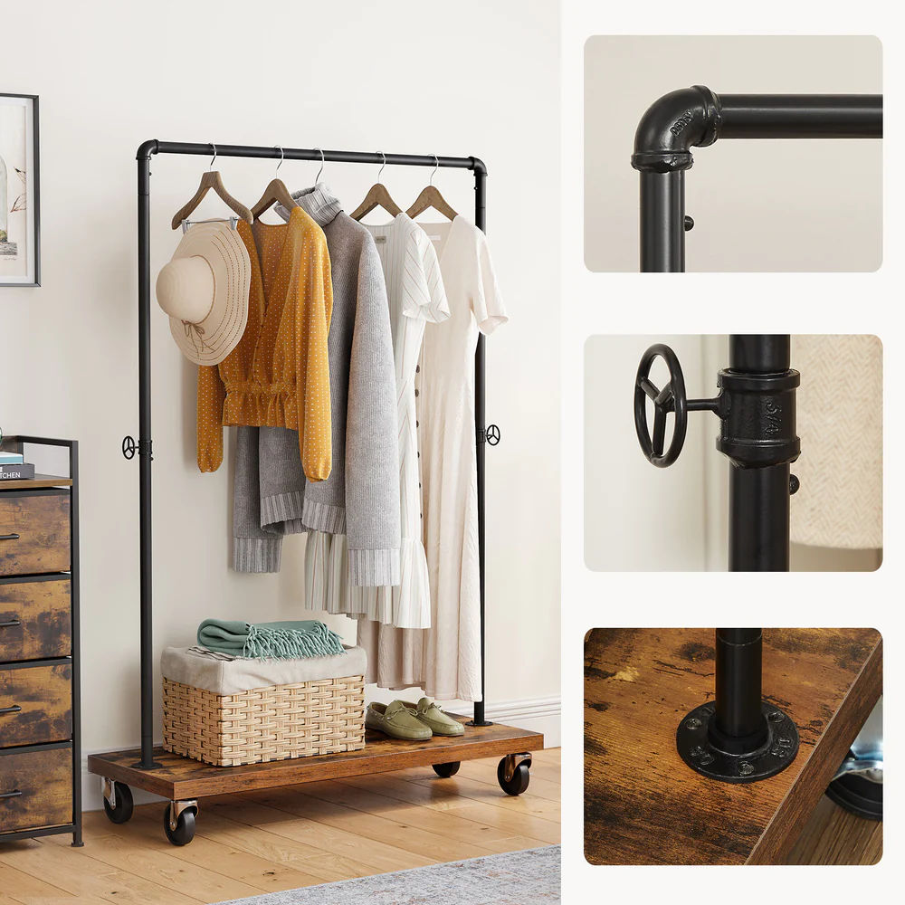 Industrial Pipe Rolling Garment Rack Shoe Shelf - Cosy Abode