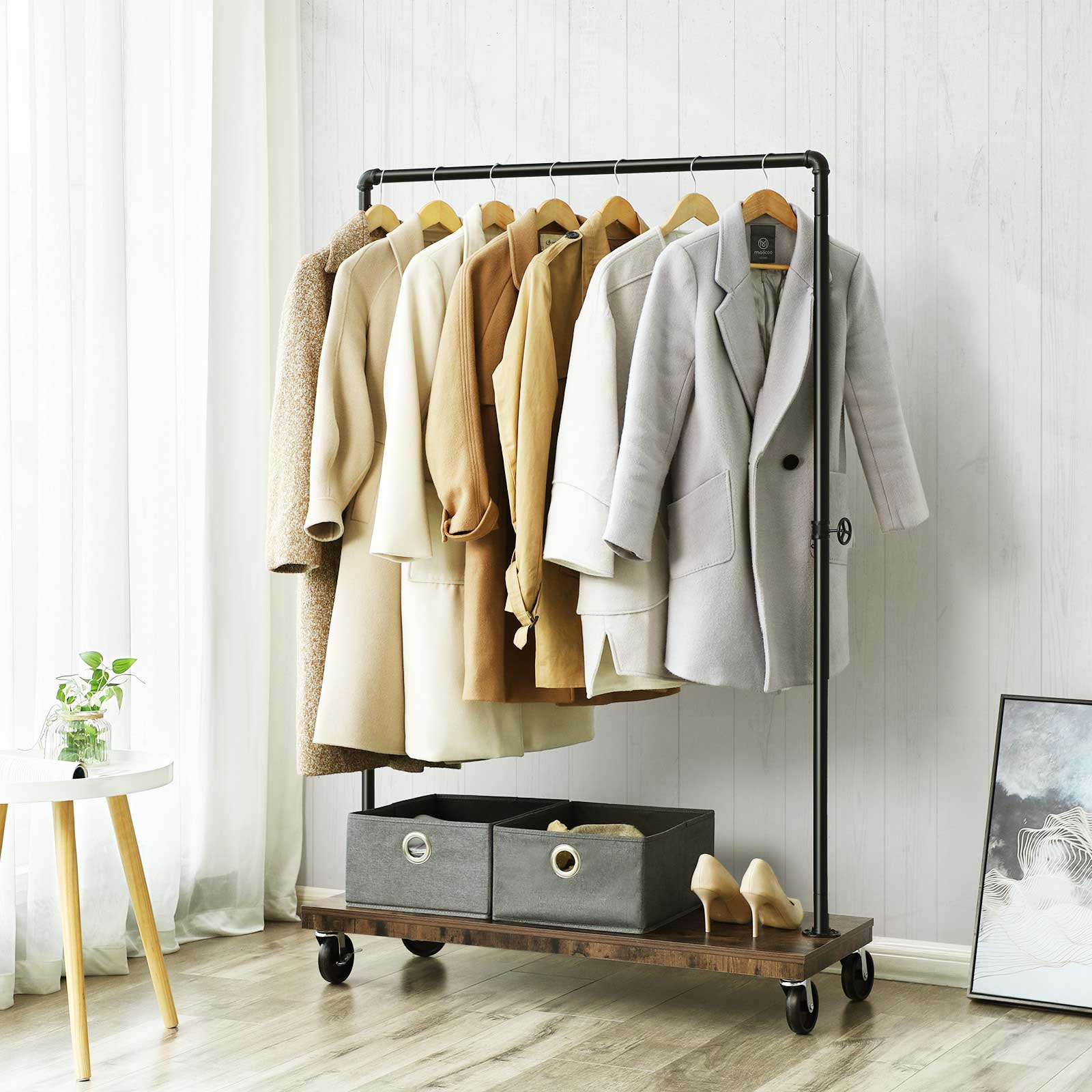 Industrial Pipe Rolling Garment Rack Shoe Shelf - Cosy Abode