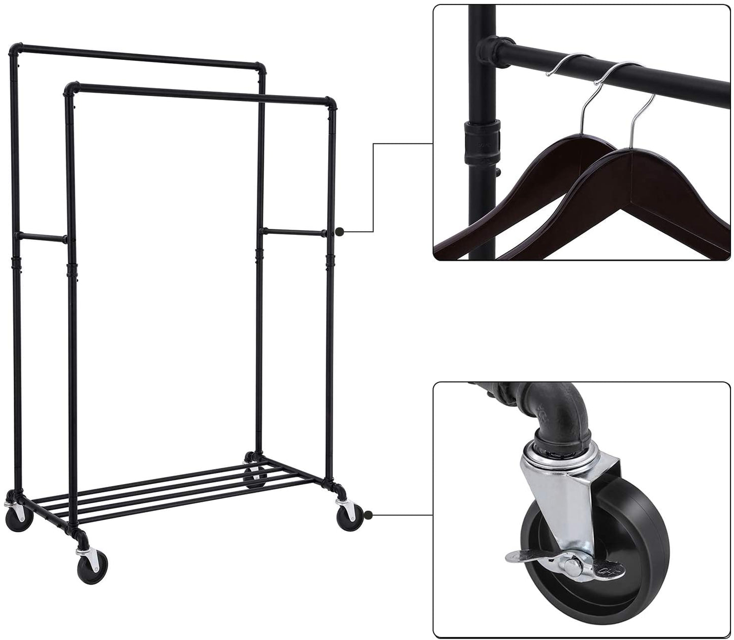 Industrial Pipe Clothes Rack Wheels , 110Kg load - Cosy Abode