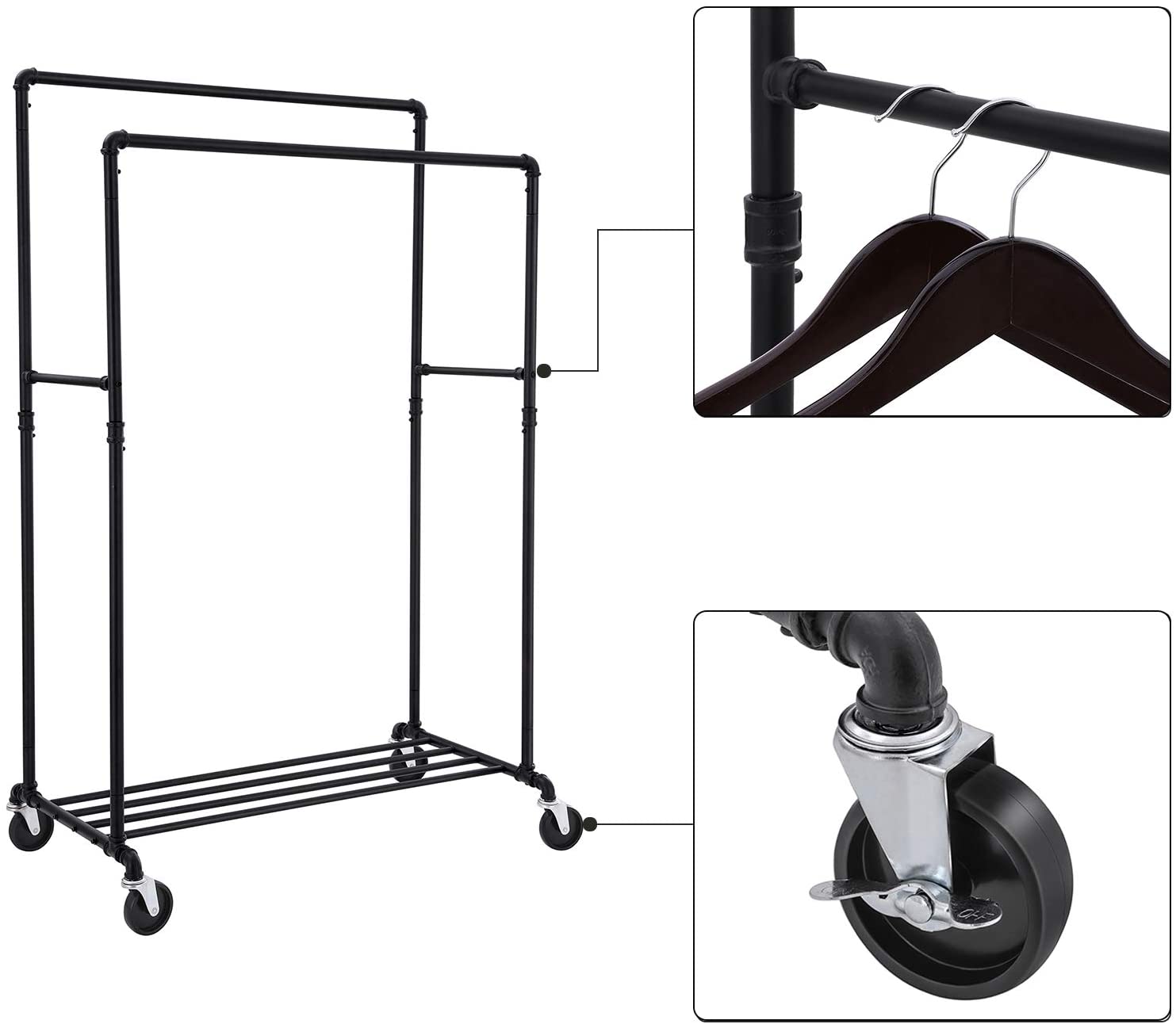 Industrial Pipe Clothes Rack Wheels , 110Kg load - Cosy Abode