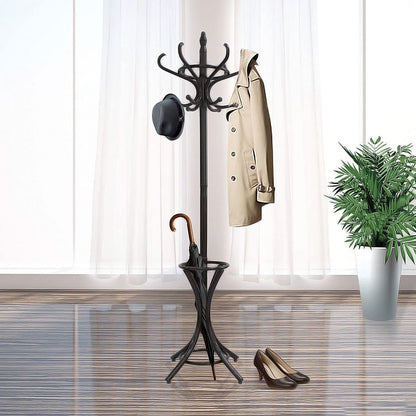 Brown Coat Rack with Stand Wooden Hat and 12 Hooks Hanger Walnut tree - Cosy Abode