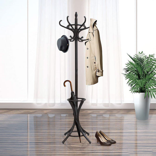 Brown Coat Rack with Stand Wooden Hat and 12 Hooks Hanger Walnut tree - Cosy Abode