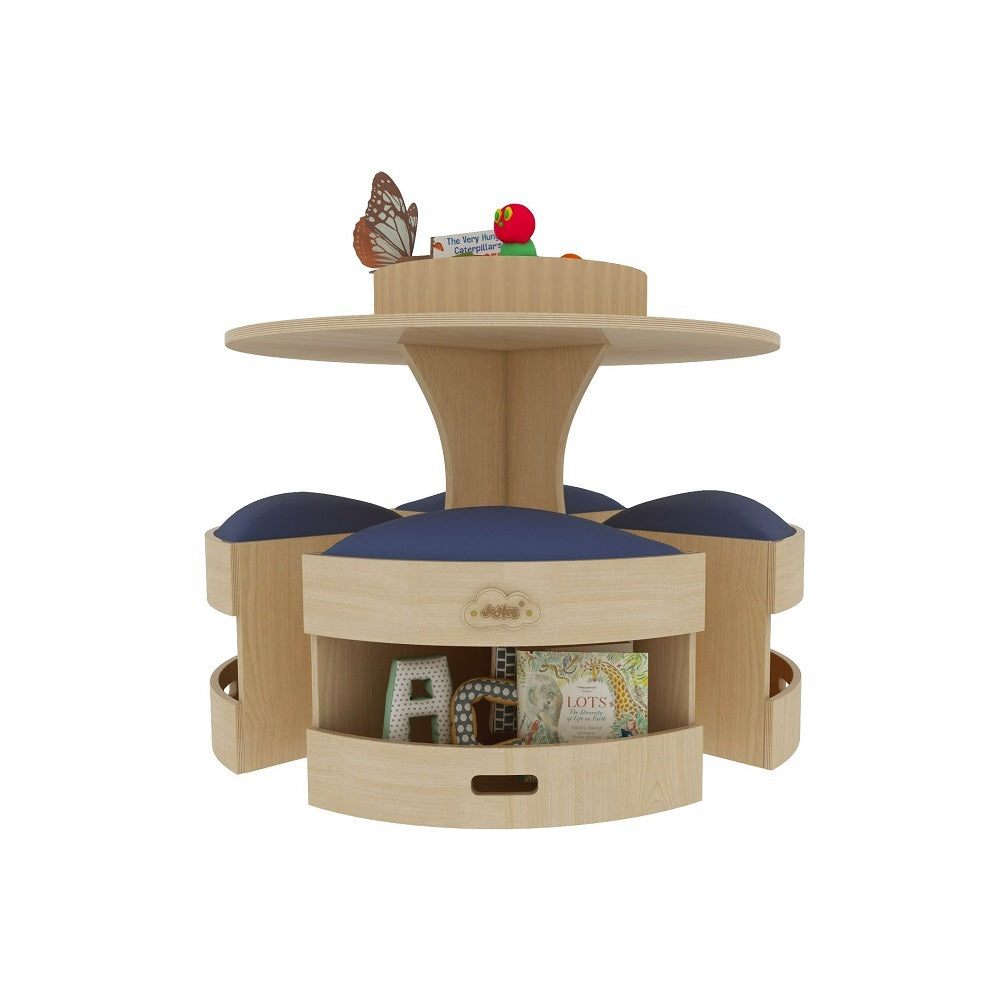 Jooyes Kids Round Wooden Table with Storage Stools Blue - Set Of 5 - Cosy Abode
