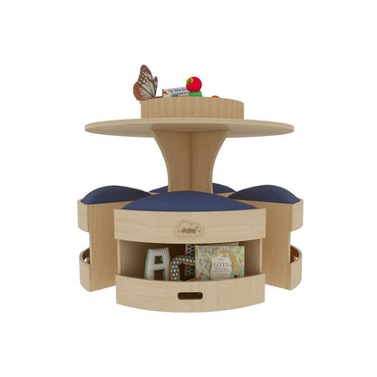 Jooyes Kids Round Wooden Table with Storage Stools Blue - Set Of 5 - Cosy Abode