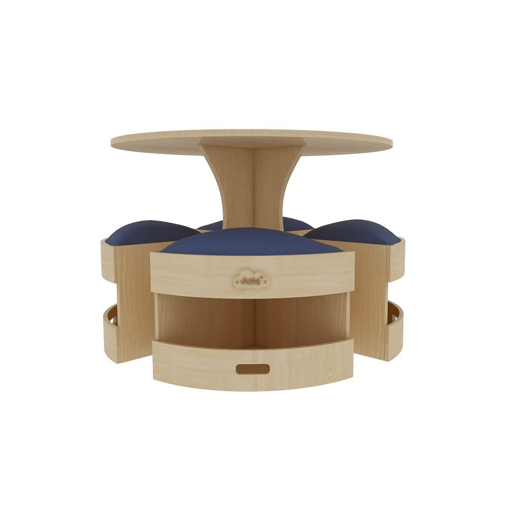 Jooyes Kids Round Wooden Table with Storage Stools Blue - Set Of 5 - Cosy Abode