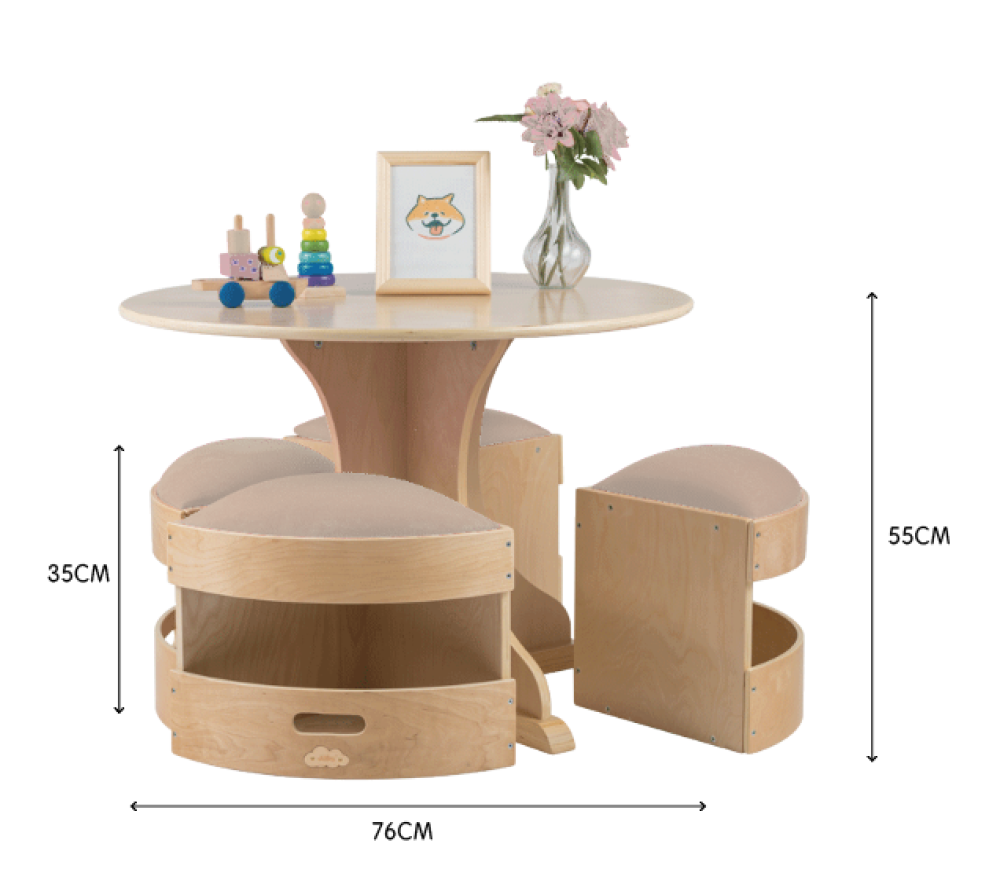 Jooyes Kids Round Wooden Table with Storage Stools Beige - Set Of 5 - Cosy Abode