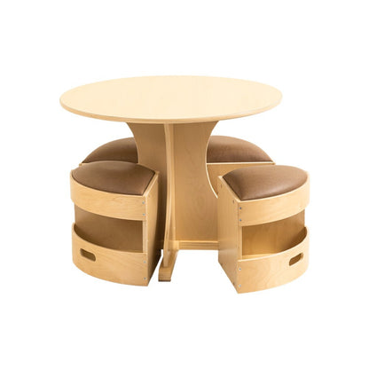 Jooyes Kids Round Wooden Table with Storage Stools Brown - Set Of 5 - Cosy Abode