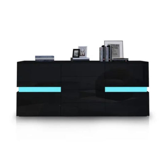 Buffet Sideboard Cabinet High Gloss RGB LED Storage Cupboard with 2 Doors & 4 Drawers Black - Cosy Abode