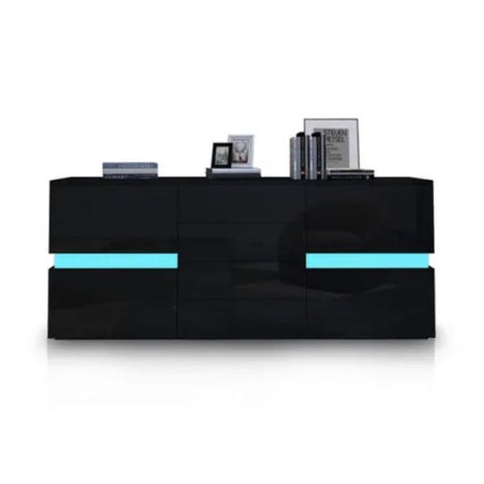 Buffet Sideboard Cabinet High Gloss RGB LED Storage Cupboard with 2 Doors & 4 Drawers Black - Cosy Abode