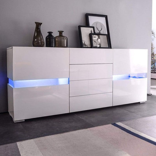 Buffet Sideboard Cabinet High Gloss RGB LED Storage Cupboard with 2 Doors & 4 Drawers White - Cosy Abode