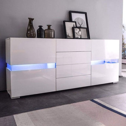 Buffet Sideboard Cabinet High Gloss RGB LED Storage Cupboard with 2 Doors & 4 Drawers White - Cosy Abode