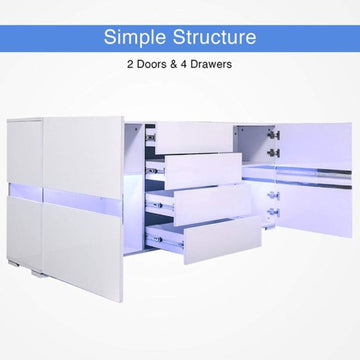 Buffet Sideboard Cabinet High Gloss RGB LED Storage Cupboard with 2 Doors & 4 Drawers White - Cosy Abode