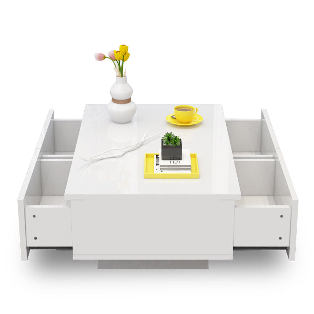 High Gloss White LED Coffee Table With 4 Drawers - Cosy Abode