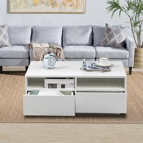 High Gloss White LED Coffee Table With 4 Drawers - Cosy Abode