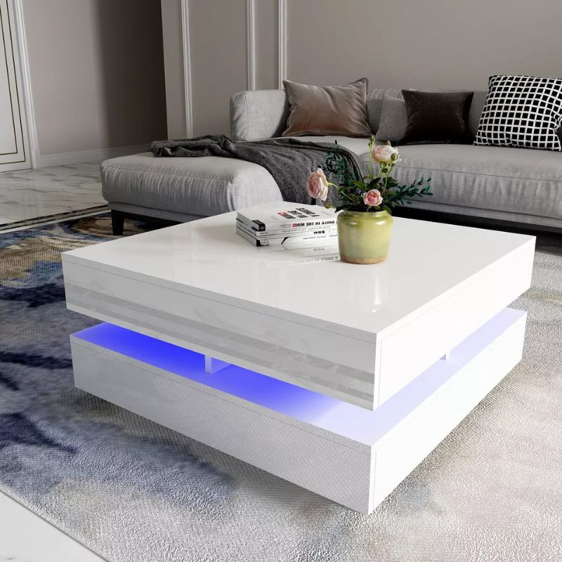 Modern Large High Gloss Coffee Table With LED Lights White - Cosy Abode