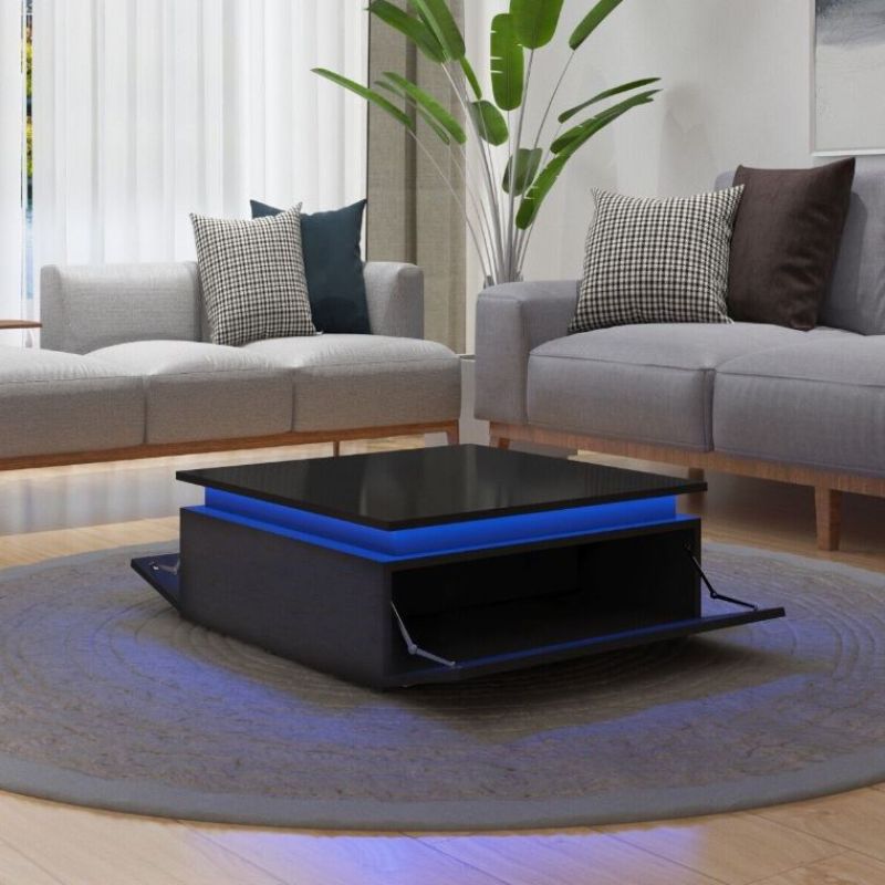 LED Lights High Gloss Coffee Table with Storage - Black - Cosy Abode