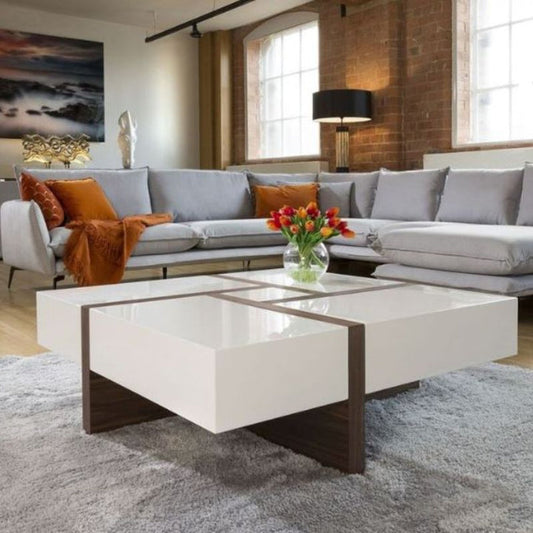 Vintage Elegant White and Brown Criss Cross Coffee Table - Cosy Abode