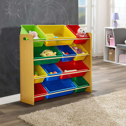 Kids Organiser Shelf Storage Rack for Toys - 12 Multicoloured Bins - Cosy Abode