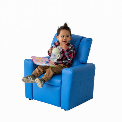 Blue Kids push back recliner chair with cup holder - Cosy Abode