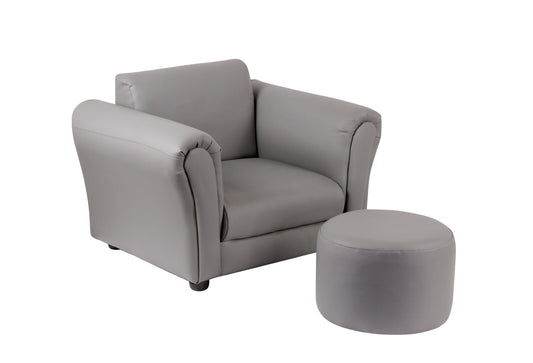 Kids Grey Couch Sofa Chair w/ Footstool in PU Leather - Cosy Abode