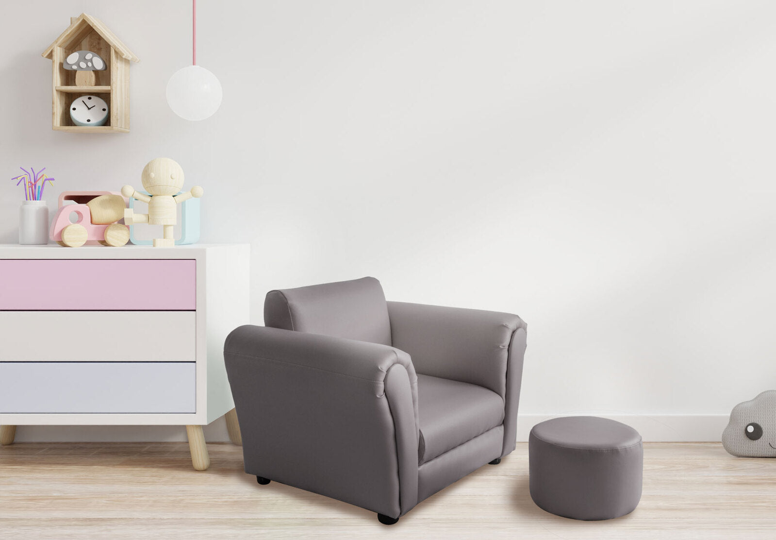 Kids Grey Couch Sofa Chair w/ Footstool in PU Leather - Cosy Abode