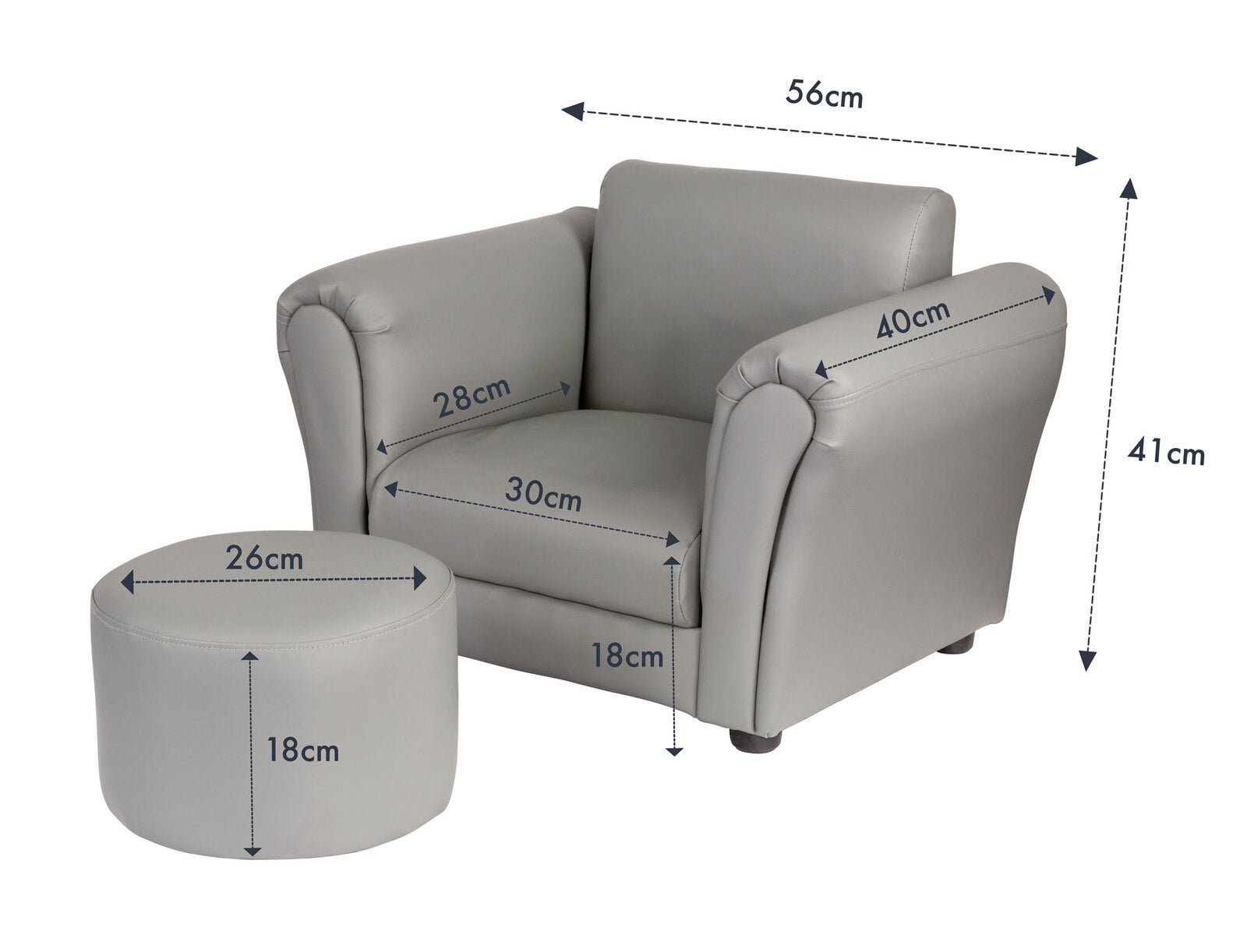 Kids Grey Couch Sofa Chair w/ Footstool in PU Leather - Cosy Abode