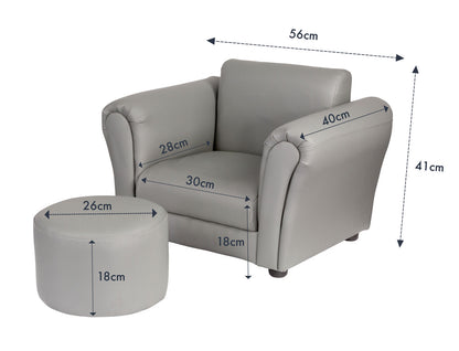 Kids Grey Couch Sofa Chair w/ Footstool in PU Leather - Cosy Abode