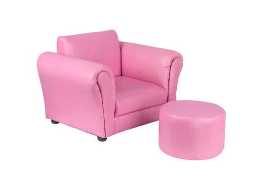 Kids Pink Couch Sofa Chair w/ Footstool in PU Leather - Cosy Abode