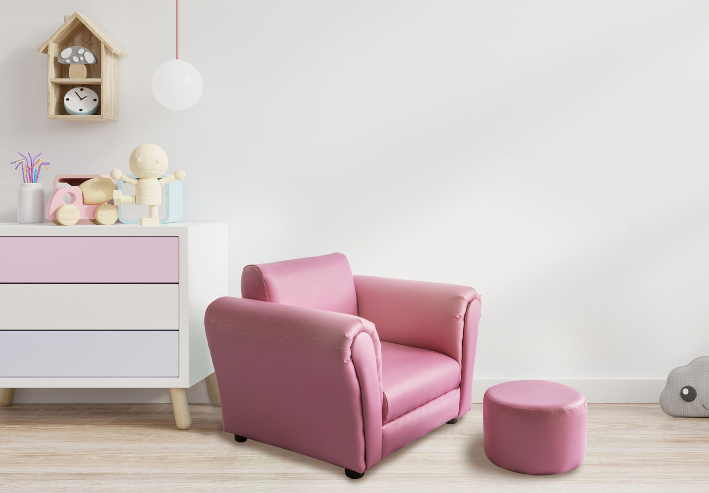 Kids Pink Couch Sofa Chair w/ Footstool in PU Leather - Cosy Abode
