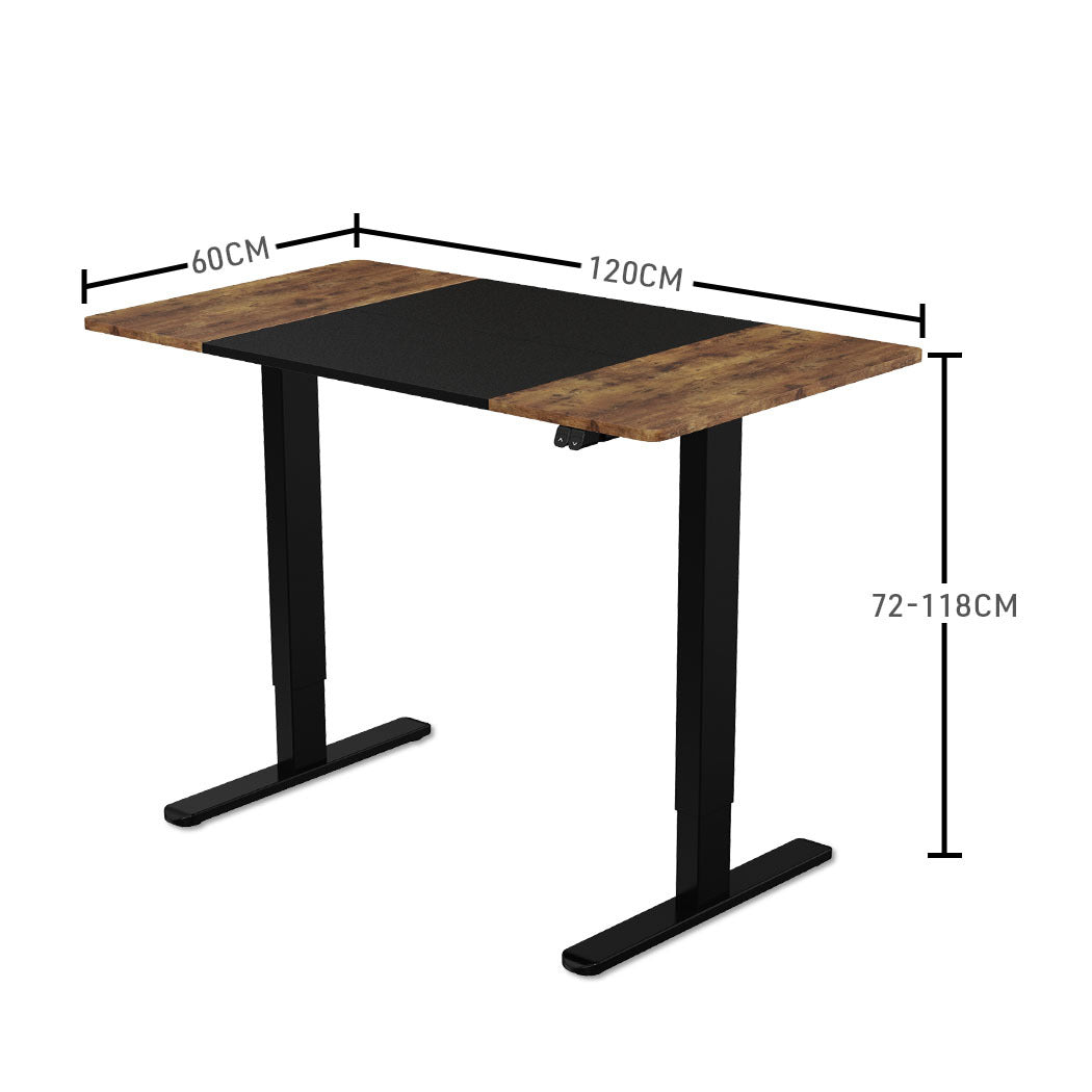 Fortia Sit To Stand Up Standing Desk, 120x60cm, 72-118cm Electric Height Adjustable, 70kg Rated, Walnut Style/Black Frame - Cosy Abode