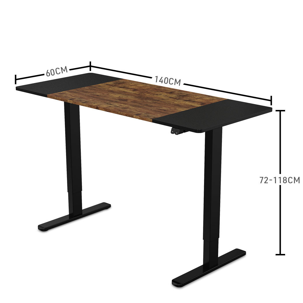 Fortia Sit To Stand Up Standing Desk, 140x60cm, 72-118cm Electric Height Adjustable, 70kg Rated, Oak Style/Black Frame - Cosy Abode