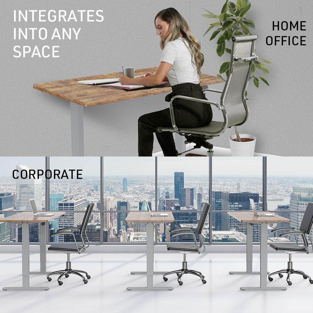 Fortia Sit To Stand Up Standing Desk, 120x60cm, 72-118cm Electric Height Adjustable, 70kg Load, Oak Style/Silver Frame - Cosy Abode