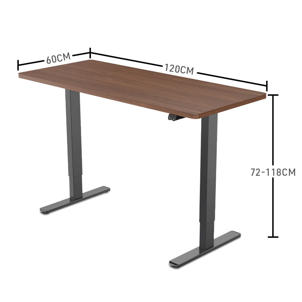 Fortia Sit To Stand Up Standing Desk, 120x60cm, 72-118cm Electric Height Adjustable, 70kg Load, Walnut Style/Black Frame - Cosy Abode