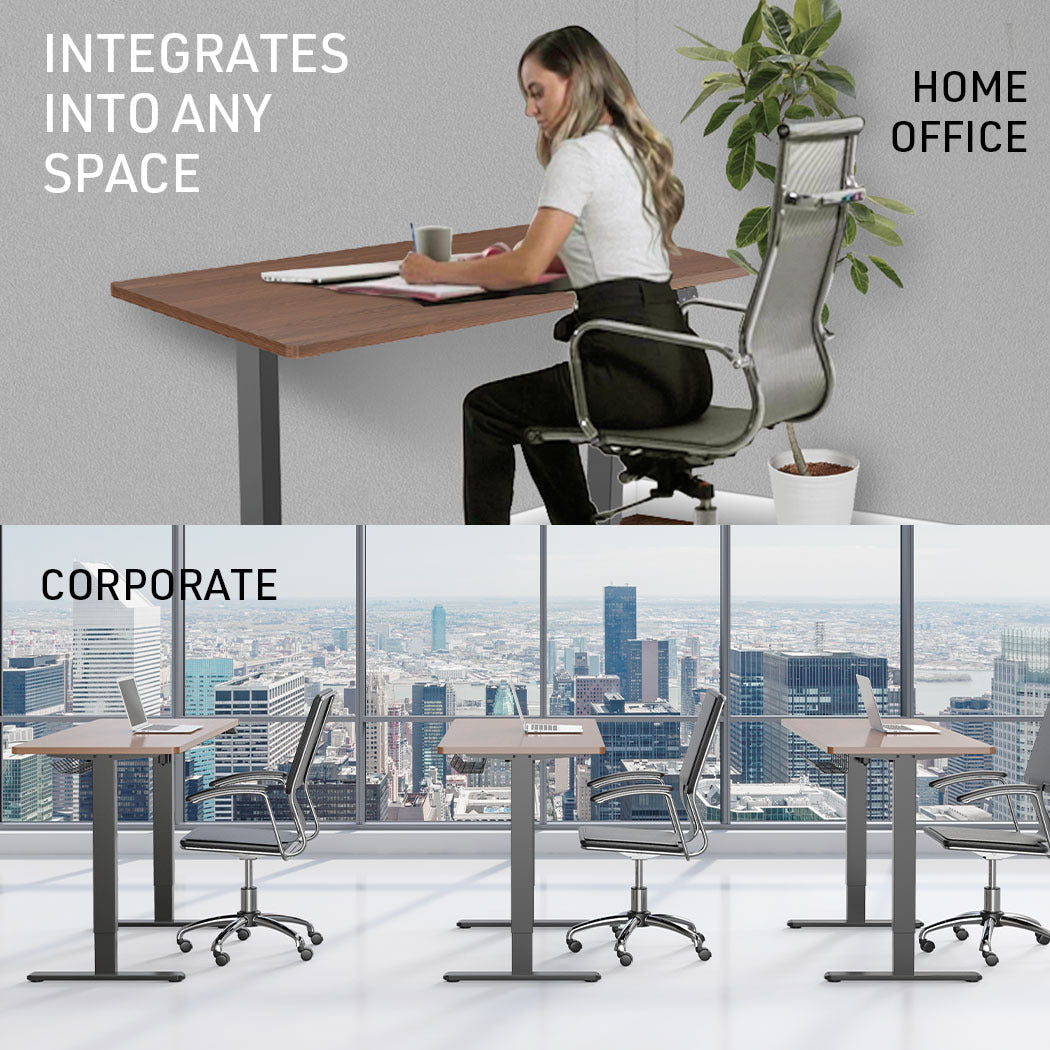 Fortia Sit To Stand Up Standing Desk, 120x60cm, 72-118cm Electric Height Adjustable, 70kg Load, Walnut Style/Black Frame - Cosy Abode