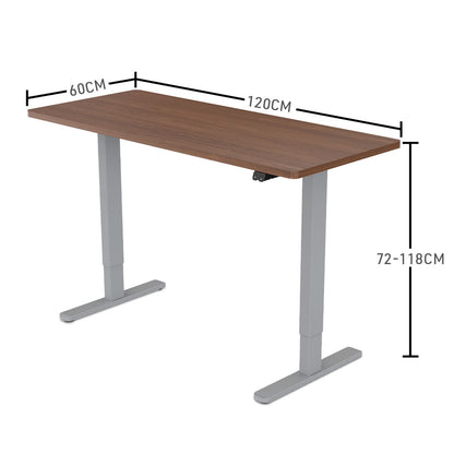 Fortia Sit To Stand Up Standing Desk, 120x60cm, 72-118cm Electric Height Adjustable, 70kg Load, Walnut Style/Silver Frame - Cosy Abode