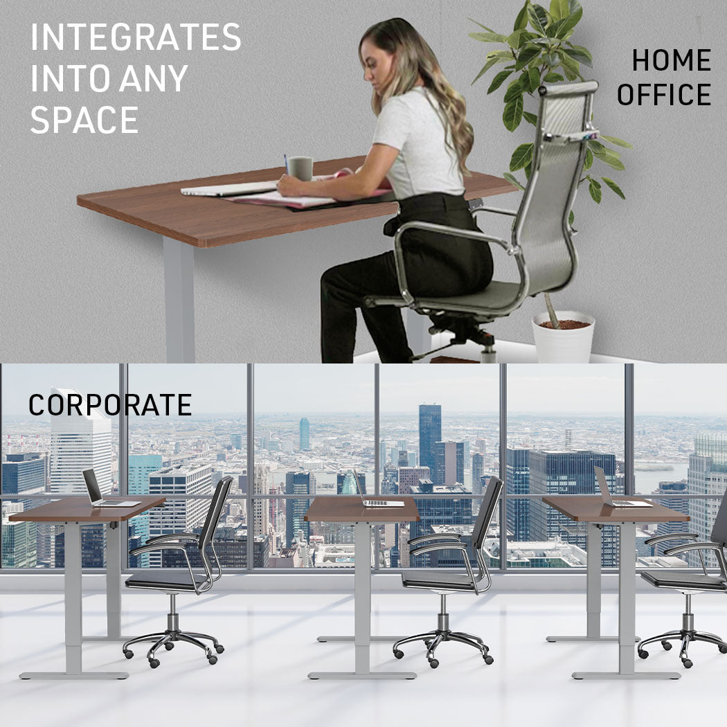 Fortia Sit To Stand Up Standing Desk, 120x60cm, 72-118cm Electric Height Adjustable, 70kg Load, Walnut Style/Silver Frame - Cosy Abode