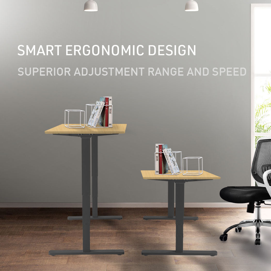 Fortia Sit To Stand Up Standing Desk, 120x60cm, 72-118cm Electric Height Adjustable, 70kg Load, White Oak Style/Black Frame - Cosy Abode