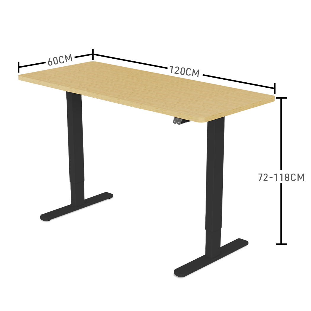 Fortia Sit To Stand Up Standing Desk, 120x60cm, 72-118cm Electric Height Adjustable, 70kg Load, White Oak Style/Black Frame - Cosy Abode