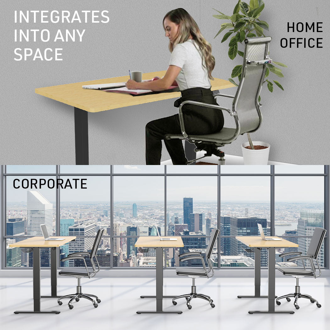 Fortia Sit To Stand Up Standing Desk, 120x60cm, 72-118cm Electric Height Adjustable, 70kg Load, White Oak Style/Black Frame - Cosy Abode