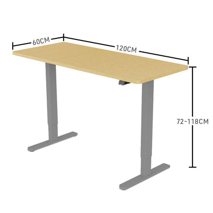 Fortia Sit To Stand Up Standing Desk, 120x60cm, 72-118cm Electric Height Adjustable, 70kg Load, White Oak Style/Silver Frame - Cosy Abode
